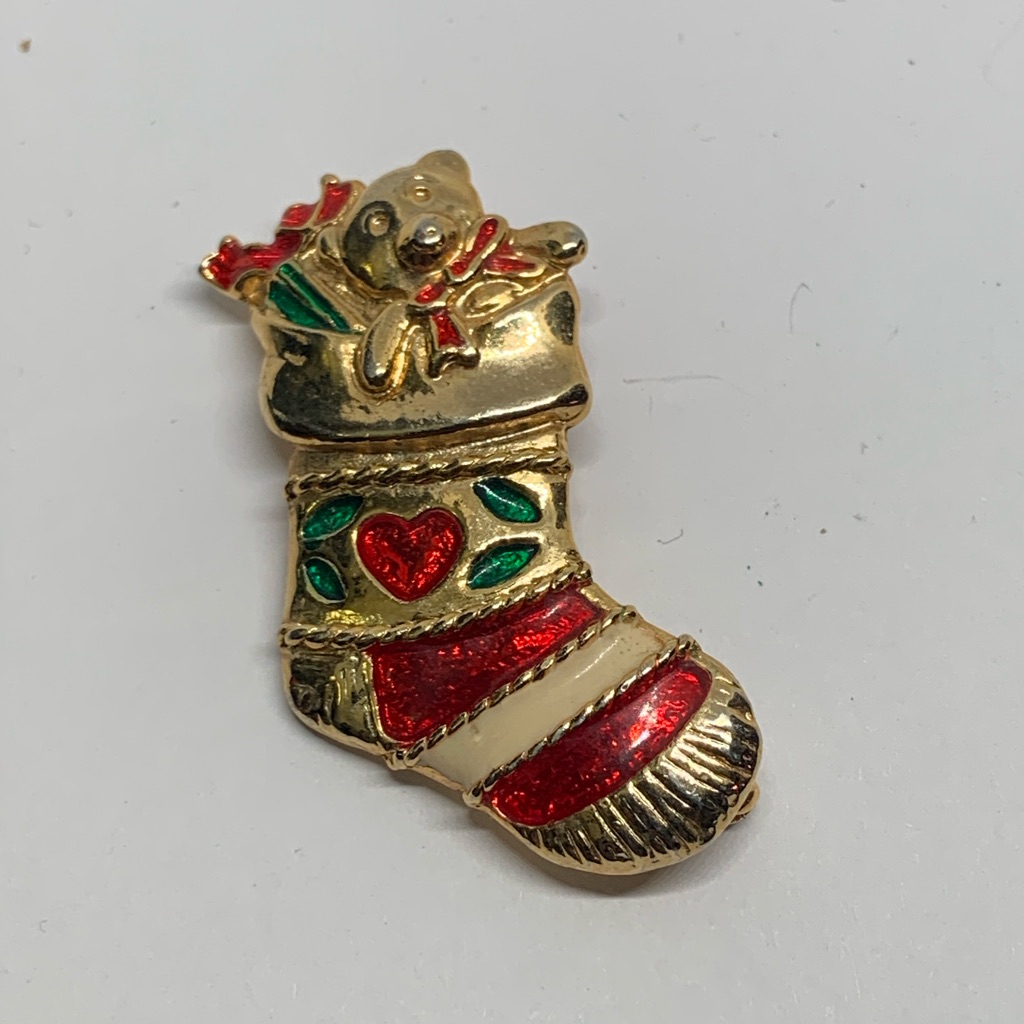 Vintage Aai Christmas Gold Tone Christmas Stocking Brooch
